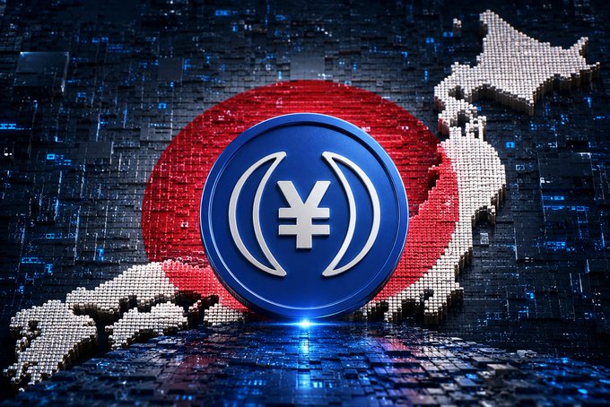 A 3D digital rendering showing the Japanese flag and a yen symbol coin overlaid on a circuit board, suggesting crypto or fintech news in Japan.