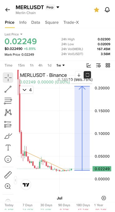 A trading app screenshot shows MERLUSDT perpetual futures on Merlin Chain priced at $0.02249, with a 6.89% daily gain and a price chart displaying a dramatic decline from previous highs. The highlighted text "MERLUSDT · Binance" and the visible 985.75% figure reference the post's claim about MERL achieving massive gains similar to BTR's 900% rise.