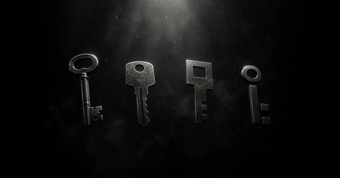 Four different metal keys are displayed against a dark background with a light beam shining down on them.