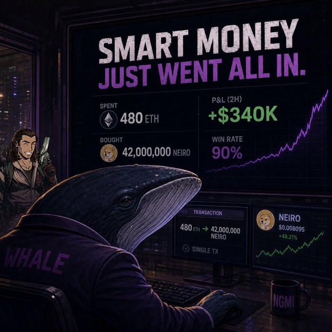 Crypto meme artwork titled 'SMART MONEY JUST WENT ALL IN' showing a whale character spending 480 ETH to buy 42,000,000 NEIRO, with stats showing +$340K P&L and a 90% win rate.