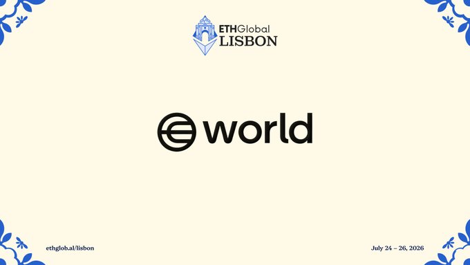 A promotional slide for ETHGlobal Lisbon, scheduled for July 24-26, 2026, featuring the 'world' logo and event branding with blue floral corner accents.
