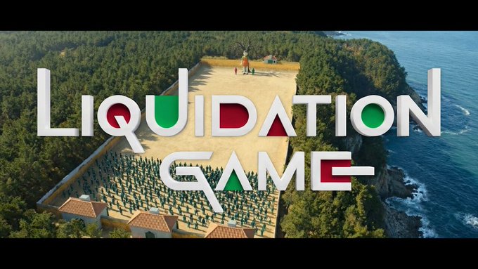 The image displays the title "LIQUIDATION GAME" overlaid on an aerial view of the infamous Red Light, Green Light scene from Squid Game. The accompanying post highlights skepticism about f(x) Protocol's launch, featuring 100x leverage and 15-minute liquidation protection, paralleling the high-stakes survival theme depicted in the show.