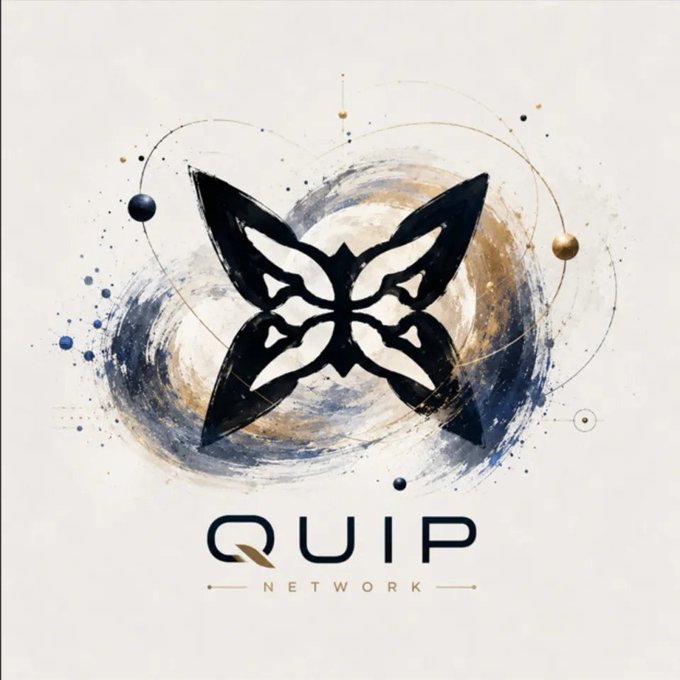The image features a white poster with the logo of Quip network at its center. The logo depicts a butterfly, which symbolizes growth or expansion. Below the butterfly, there's text that reads "Let’s simplify Quip network" and "growth comes from adding participants". The phrase emphasizes how participation in Quip network leads to increased activity and growth for users.