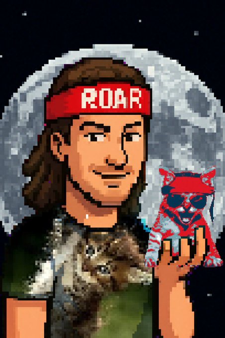 A pixel art illustration of a man with a red 'ROAR' headband holding a small tiger that wears sunglasses and a red cap, set against a moon background.