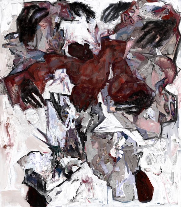 An abstract expressionist painting featuring chaotic brushstrokes in shades of red, white, black, and grey.