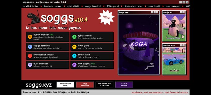 A red-and-black promotional webpage for “soggs v10.4” advertises tokens including “byob$ ticker,” “sybil shield,” “soggs terminal,” “RWA guard,” “liker/dashur rotor,” “smart spit,” “dust sweeper,” and “new goymz reg,” with panels labeled “KOGA,” “pupils36,” and “motion.exe.”