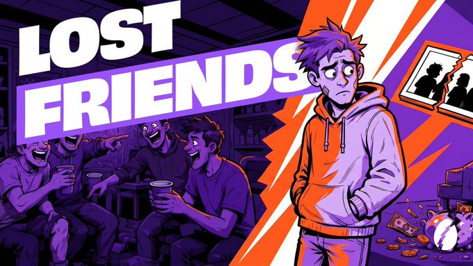 The image features a cartoon illustration with a man standing next to a group of men sitting at a table, drinking beer together. The main character appears to be a young man who seems to be feeling left out or lonely as he watches his friends enjoy their time together. The scene is set in an indoor room with a purple background and orange accents, giving it a vibrant and lively atmosphere.

The post that accompanies the image reads: "a lot of people say they'r afraid of rug pulls, but what they're really afraid of is watching other people get rich from a token they passed @RallyOnChain". This message seems to be related to the cartoon's theme or the overall content of the game. The post might be discussing the importance of social connections and how they can impact one's life positively or negatively, depending on their actions within the game world.