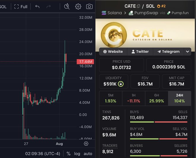 A screenshot of the CATE/SOL trading chart on Solana showing the token (CATE #2 via PumpSwap) at $0.01732 with a $16.7M market cap, +104% in 24H and $9.6M volume, illustrating the user's claim that $CATE is rapidly rising toward a $100M valuation after a 70x gain.