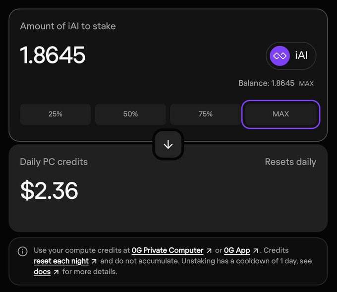 A cryptocurrency staking interface showing 1.8645 iAI tokens being staked with a daily PC credit reward of $2.36, referencing '0G Private Computer' and '0G App'.