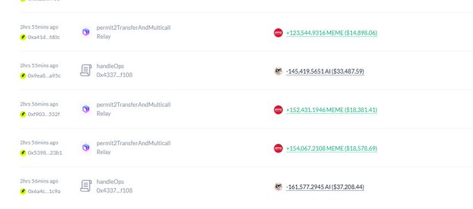 A transaction log interface showing recent blockchain activity with entries like 'permit2TransferAndMulticall' and 'handleOps' along with transaction hashes, timestamps (2hrs 55mins/56mins ago), and amounts in MEME and AI tokens with their dollar values.