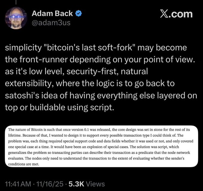 A tweet from Adam Back (@adam3us) discussing how "Simplicity" could be "bitcoin's last soft-fork," featuring a quoted passage from Satoshi about Bitcoin's core design and transaction evaluation. The accompanying "Counterpoint:" suggests disagreement with Back's endorsement of the Simplicity proposal as a return to Satoshi's original script-based extensibility vision.