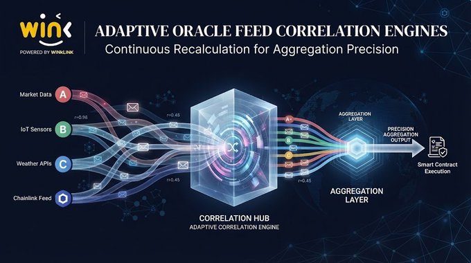 A technical diagram titled 'ADAPTIVE ORACLE FEED CORRELATION ENGINES' by Wink, illustrating a 'Continuous Recalculation for Aggregation Precision' process where market data, IoT sensors, weather APIs, and Chainlink feed into a central correlation hub.