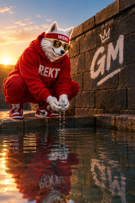 An artistic rendering of a white dog wearing a red tracksuit, dollar-sign sunglasses, and a 'WEN' headband, squatting by a pool of water and dropping coins in, with 'GM' graffiti on the wall behind.