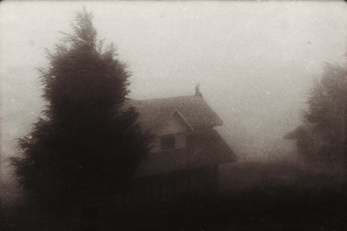 A moody, sepia-toned vintage photograph of a cottage or house partially obscured by fog, with a tall dark evergreen tree in the foreground.