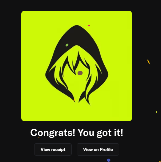 A digital reward screen with a bright yellow-green background featuring a hooded hooded character illustration and the text 'Congrats! You got it!' with buttons to view receipt or profile.