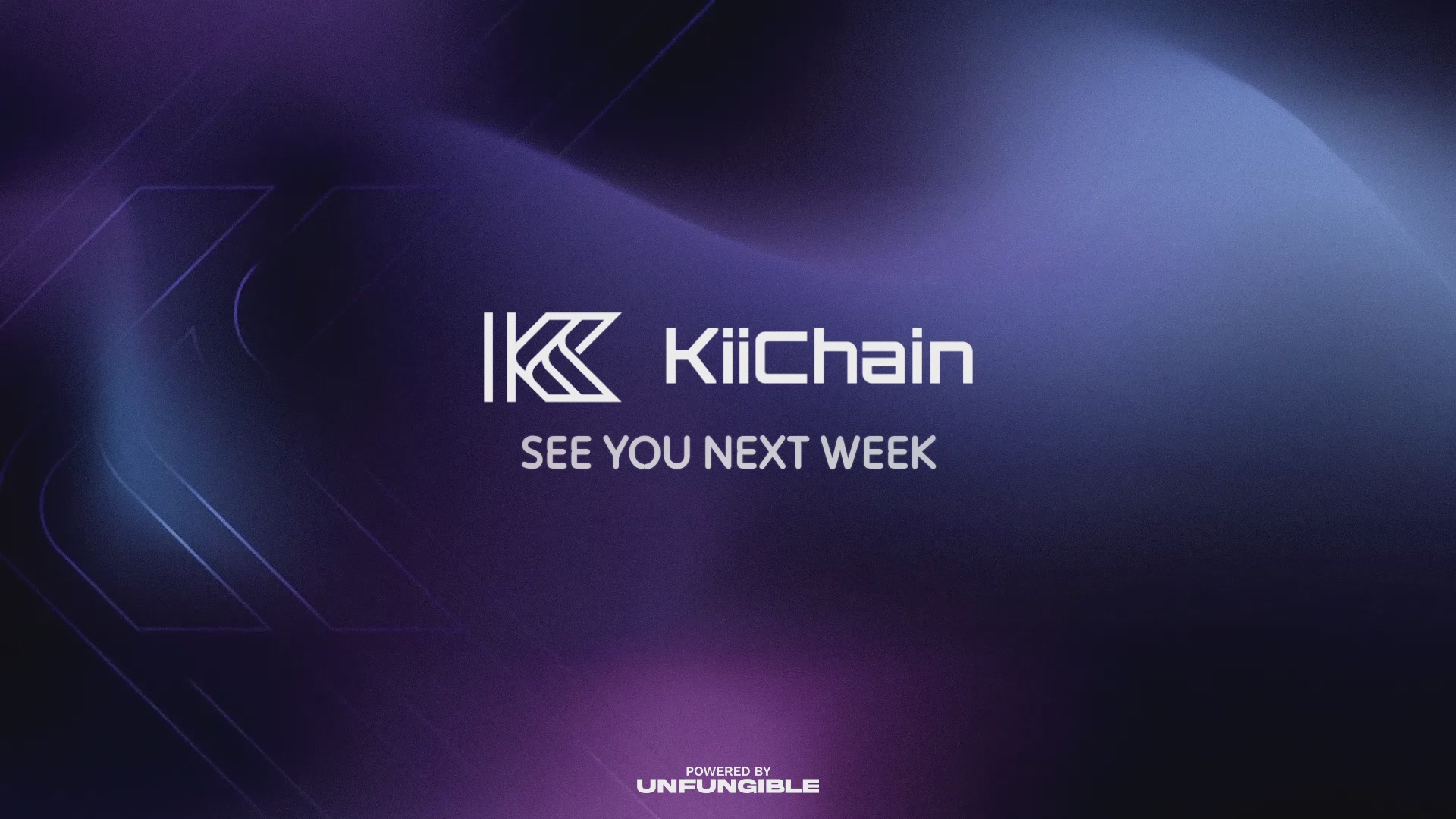 The image features a large, purple logo with white text that reads "Kii Chain" and "See You Next Week". The background of the image has a gradient effect transitioning from blue at the top to purple at the bottom. There are also some lines in the background, adding depth to the overall design.