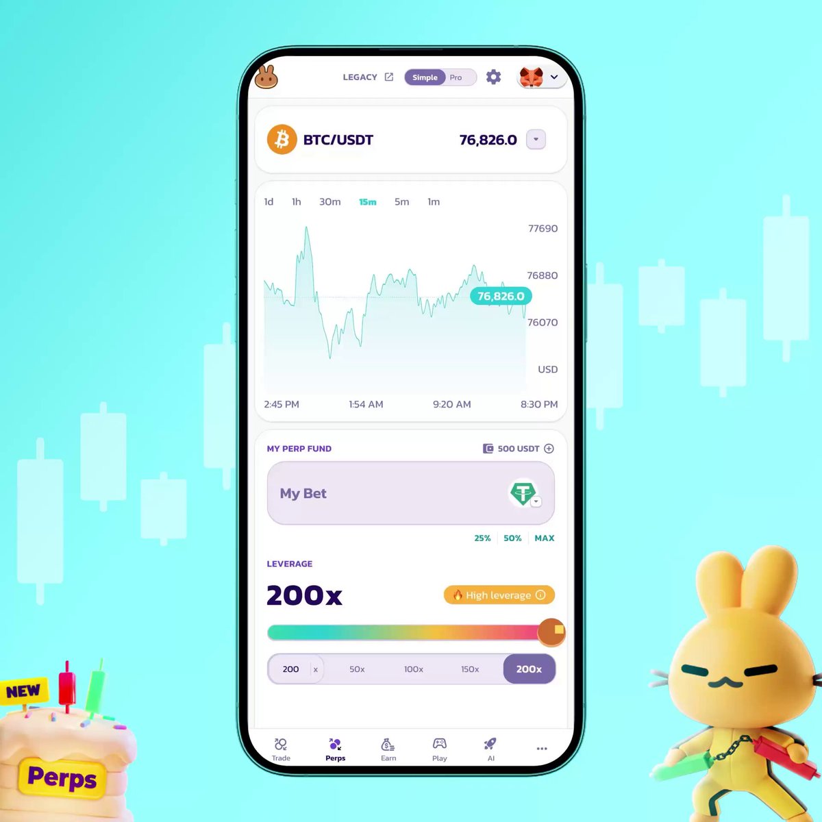 The image features a smartphone displaying an app for trading cryptocurrency called PancakeSwap. The app's main goal is to help users perform trades using Perpswap, with a focus on its simple mode that allows for easy navigation and control of trade settings. To attract attention, there are two cartoon animals featured in the bottom corners of the screen, adding a playful and engaging touch to the design.