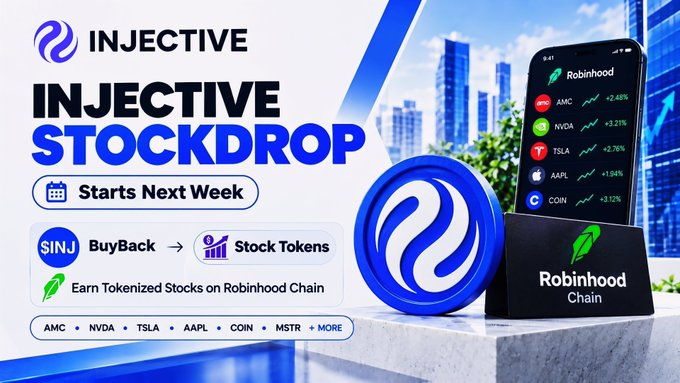 Promotional graphic for Injective's 'STOCKDROP' on Robinhood Chain, showing the INJ logo with text '$INJ BuyBack → Stock Tokens,' 'Starts Next Week,' and tickers AMC, NVDA, TSLA, AAPL, COIN, MSTR + MORE alongside a phone displaying stock prices.