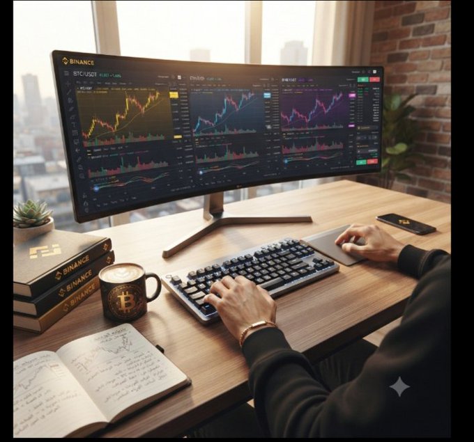 A person working at a desk with a Binance trading interface displayed on a wide curved monitor showing multiple cryptocurrency charts including BTC/USDT, alongside Binance books, a Bitcoin-themed coffee mug, a small succulent, and a notebook.