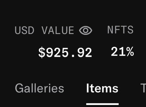 A dark-themed portfolio dashboard displays a USD value of $925.92 alongside an NFT allocation of 21%, with navigation tabs for Galleries, Items (selected), and other categories visible at the bottom. The image illustrates the post's mention of an NFT-focused wallet from which the user claims to have taken profits three times.