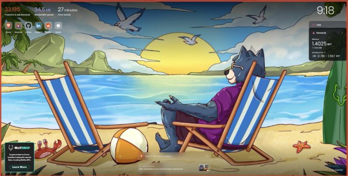 A desktop wallpaper or game interface featuring a cartoon wolf character in sunglasses and a purple robe sitting on a beach chair, with a waitlist sign-up box, a reward of '1.4025 BAT', and the time '9:18' visible.