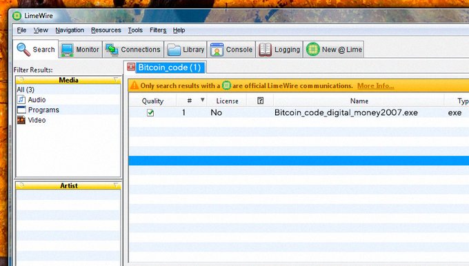 A screenshot of the LimeWire application shows search results for 'Bitcoin_code' displaying a single file named 'Bitcoin_code_digital_money2007.exe'.