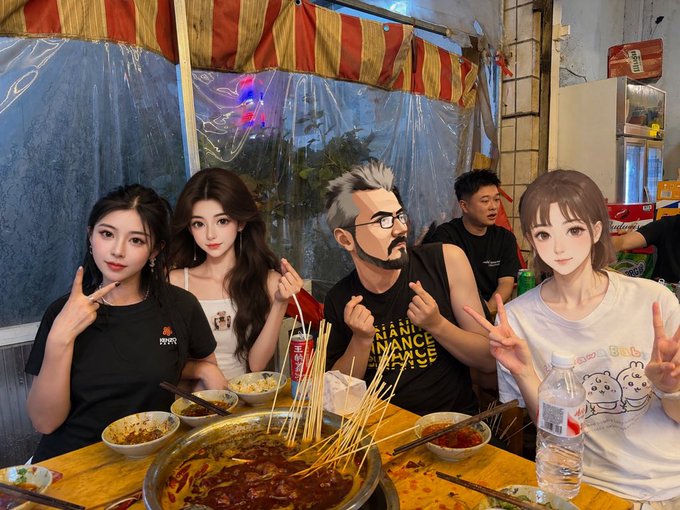 Four young people pose with peace signs at an outdoor restaurant, enjoying a large hotpot meal with skewers, though two of the women appear to be AI-generated with an anime/cartoon style.