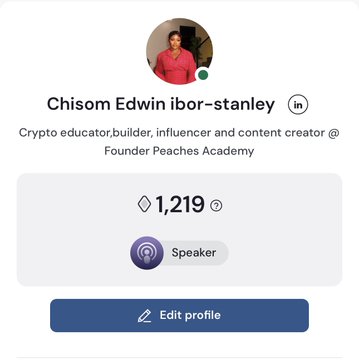 The image shows a LinkedIn-style profile card for Chisom Edwin ibor-stanley, described as a "Crypto educator, builder, influencer and content creator @ Founder Peaches Academy," displaying 1,219 connections and a "Speaker" badge. The accompanying post reflects the profile owner's role as an educator in the crypto/tech space, specifically addressing architects on the Arc platform, which aligns with their listed identity as a crypto educator and builder.