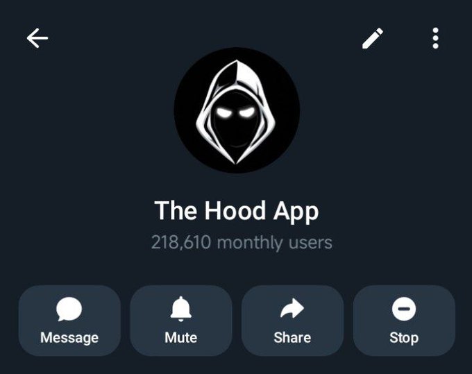 The image shows a profile page for "The Hood App" with a hooded figure logo, displaying "218,610 monthly users" and action buttons for Message, Mute, Share, and Stop. It visually reinforces the post's celebration of surpassing 200K+ users and the community's continued growth on the messaging platform.