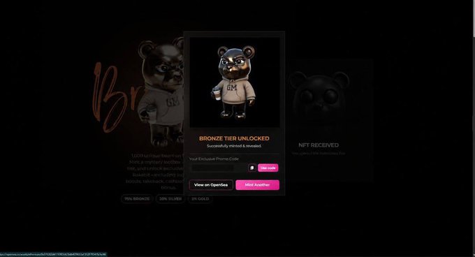 A bronze tier NFT unlock screen for 'SM' (likely SM Entertainment) featuring a black bear character in a sweatshirt, congratulating the user on successfully minting.