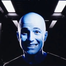 Close-up portrait of a smiling bald man rendered in cool blue lighting, resembling the character Dr. Evil from the Austin Powers films.