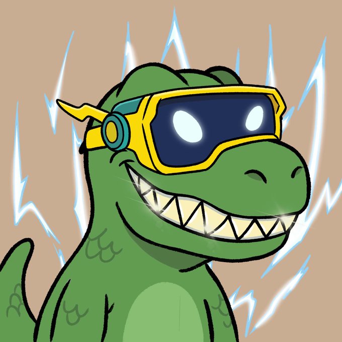 A cartoon green dinosaur wearing futuristic yellow sunglasses grins against a backdrop of electric blue lightning bolts, likely serving as the mascot or artwork for the "ChomperZ" NFT collection mentioned in the post.