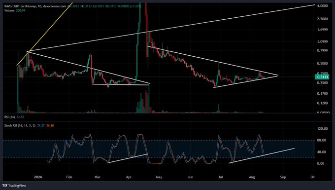 A financial trading chart for RARE/USDT on Uniswap v3 displayed on TradingView, showing a 10-day timeframe with price action, RSI (14) at 52.65, and Stochastic RSI (14, 14, 3) at 36.86, with symmetrical triangle patterns drawn on the price action.