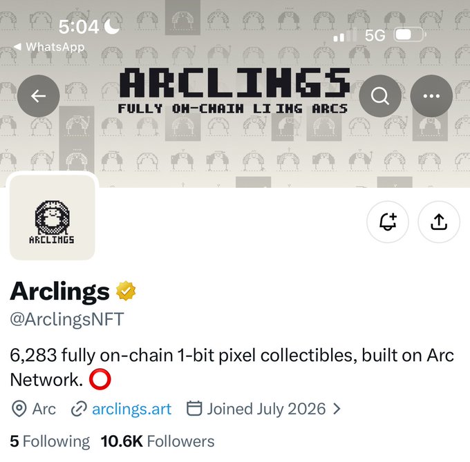 A Twitter/X profile page for "Arclings" (@ArclingsNFT) displaying their bio: "6,283 fully on-chain 1-bit pixel collectibles, built on Arc Network," with 10.6K followers and a join date of July 2026. The image shows the verified NFT project profile, which relates to the post seeking GTD (guaranteed) spots for the Arclings mint.