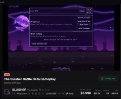 A YouTube thumbnail and live stream interface for 'The Slasher Battle Beta Gameplay' by SLASHER, priced at $6.99K, showing error messages about failing to retrieve subscriber count and video list.