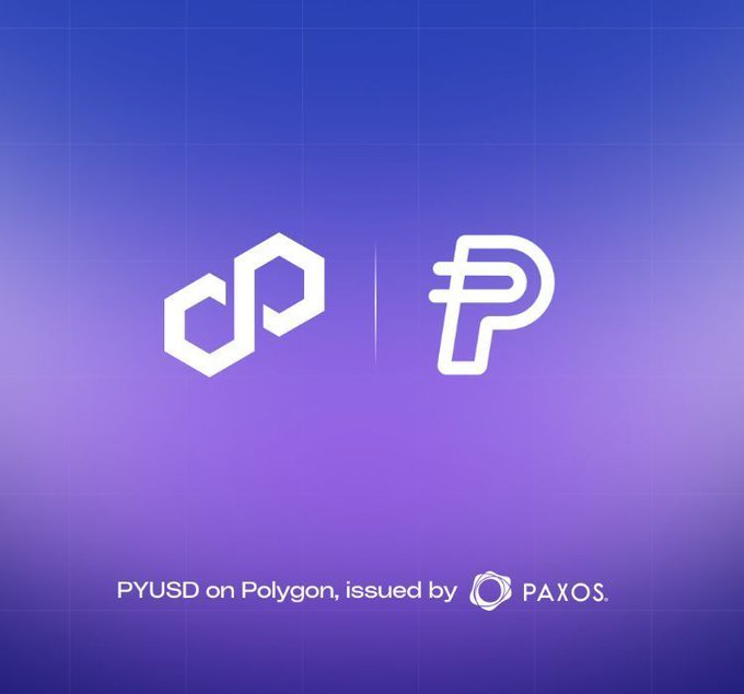 A promotional graphic with a purple gradient background displays the Polygon logo and the PYUSD logo, with text reading 'PYUSD on Polygon, issued by PAXOS.'