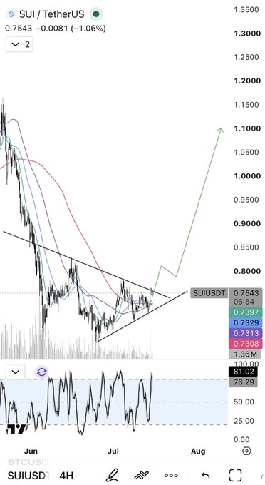 A 4-hour SUI/USDT chart from BTCUSDC showing the price at 0.7543 (-1.06%) with a descending triangle pattern and an arrow projecting a breakout toward ~$1, matching the post's bullish accumulation thesis and $1 target.