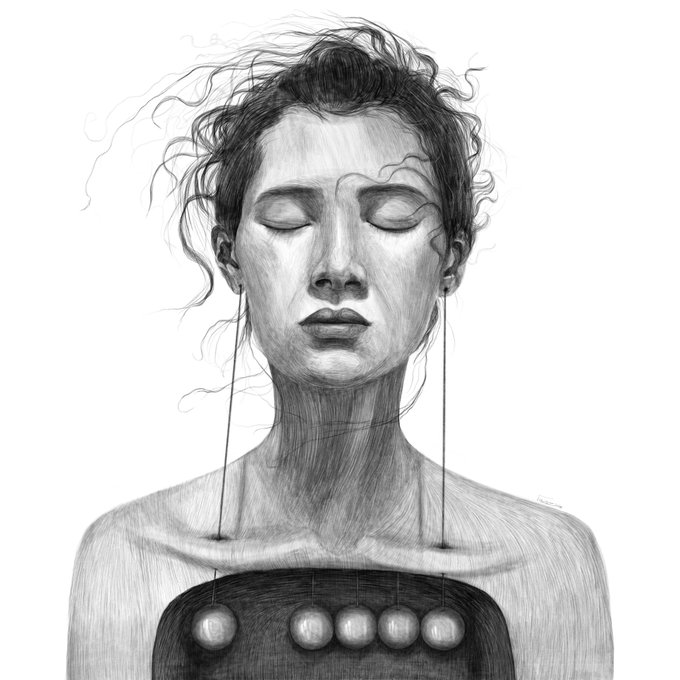 A black-and-white pencil illustration depicts a serene woman with closed eyes and wild, flowing hair, wearing a dark top with dangling spherical ornaments that hang from her ears. The piece, titled "Suspended Reverie," edition 5 of 10, priced at 3.50 XTZ, visually reflects the artwork's meditative and dreamlike quality that the artist thanks collector @NeginSaeid for supporting.