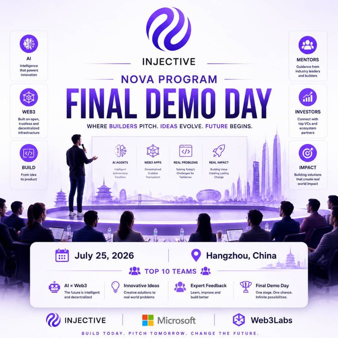A promotional graphic for the 'INJECTIVE NOVA PROGRAM FINAL DEMO DAY' event on July 25, 2026, in Hangzhou, China, featuring a presenter on stage, surrounded by icons highlighting themes like AI Agents, Web3 Apps, Real Problems, Real Impact, and partners including Injective, Microsoft, and Web3Labs.