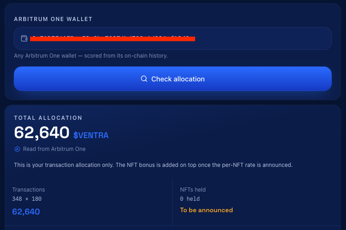 Arbitrum One wallet allocation dashboard showing 62,640 $VENTRA total allocation based on 348 transactions, with NFTs held marked 'To be announced'.