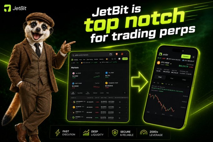Advertisement for JetBit, a perpetual futures trading platform, featuring a meerkat mascot in a suit pointing at a trading interface with text 'JetBit is top notch for trading perps' and features 'Fast Execution, Deep Liquidity, Secure & Reliable, 2000x Leverage'.