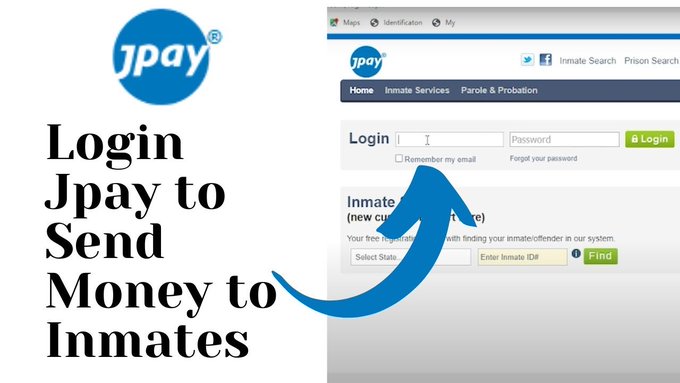 A promotional graphic showing the JPay logo and login interface with text reading 'Login Jpay to Send Money to Inmates' and a blue arrow pointing to the login fields.