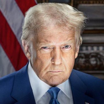 A portrait of Donald Trump wearing a dark blue suit and tie, with an American flag visible in the background.