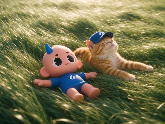 A small 3D-rendered character with a single blue horn and a blue outfit lies next to a sleeping orange tabby cat wearing a matching blue cap in a sunlit grassy field.