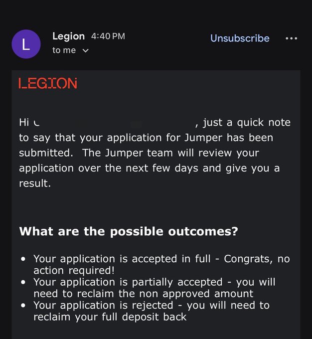 An email from "Legion" confirms an application for the Jumper ($JUMP) token sale has been submitted, outlining three possible outcomes: full acceptance, partial acceptance (requiring a partial refund), or rejection (requiring a full refund) — which is ironic given the post's frustration over the heavily oversubscribed sale and the user's demand to keep their funds rather than receive a refund.