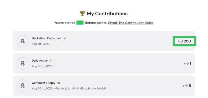 A 'My Contributions' page showing points earned including 200 points for Hackathon Participant on Sep 1st 2026, 1 point for Daily Active, and 5 points for a Comment/Reply, all highlighted with green boxes.