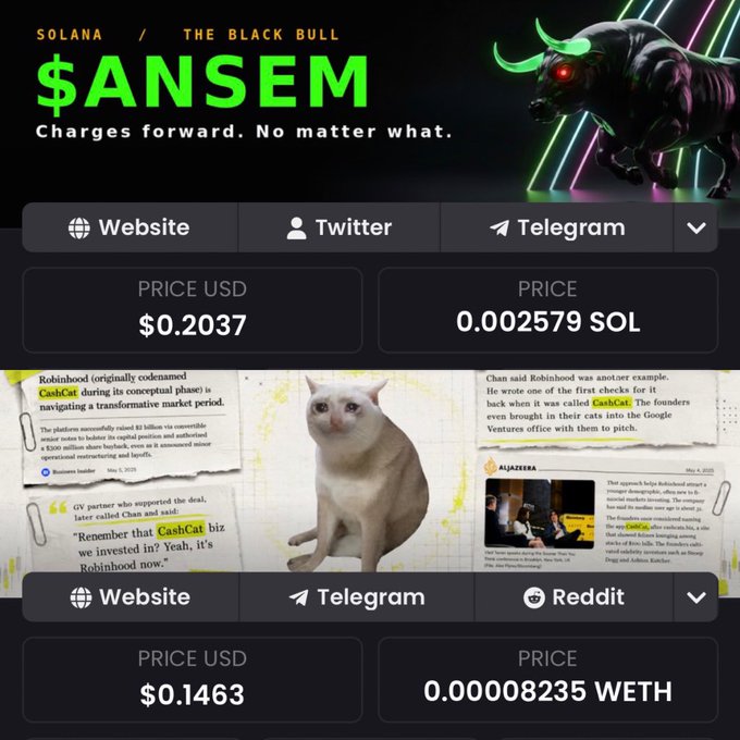Two cryptocurrency token pages are shown: '$ANSEM' (Solana's The Black Bull) priced at $0.2037, and a Robinhood-themed token priced at $0.1463 USD (0.00008235 WETH) with meme imagery including a cat and news clippings.