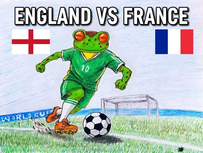 An illustration of Pepe the Frog wearing a green soccer uniform with the number 10, dribbling a soccer ball, under the text 'ENGLAND VS FRANCE' with both nations' flags displayed.