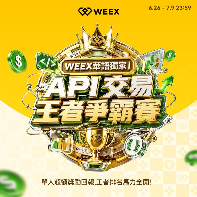The image is a WEEX promotional graphic for an API Trading Championship ("API交易王者爭霸賽"), featuring a golden trophy, crown, and trading charts on a yellow background, with the WEEX logo, the dates 6.26 - 7.9 23:59, and the tagline "WEEX華語獨家" (WEEX Chinese Exclusive), along with the call-to-action "單人超額獎勵回報,王者排名馬力全開!" (individual bonus rewards, full power for the king rankings). It visually reinforces the accompanying post's campaign announcing the exclusive Chinese-language API trading competition with USDT rewards.