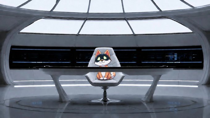 The post says: "DeFi day at the Hood Summit today btw board sit."

Looking at the image, I can see an orange cartoon cat character (likely a Hood-themed mascot) sitting in what appears to be the captain's chair on the bridge of a futuristic spacecraft or command center, with sleek white consoles and large windows.

Here's a concise caption:

An orange cat mascot sits in the captain's chair of a futuristic white command bridge, humorously "attending" a DeFi board meeting as referenced in the Hood Summit post about DeFi day.

Note: I don't see any clearly legible text, numbers, tickers, or names visible in the image itself to transcribe.